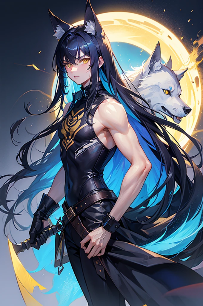 A wolf with dark blue hair, yellow eyes, long hair, and straight hair.