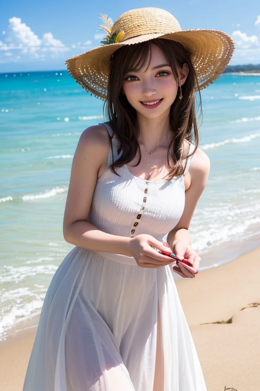 ((Highest quality, Best image quality, Ultra-high resolution)), (Realistic), (Realistic), (Ultra-high resolution),(A woman in a light dress and a large straw hat leans forward on the beach and looks at the viewer.。), (Blonde:1.2), (Long Hair), (smile:1.3)