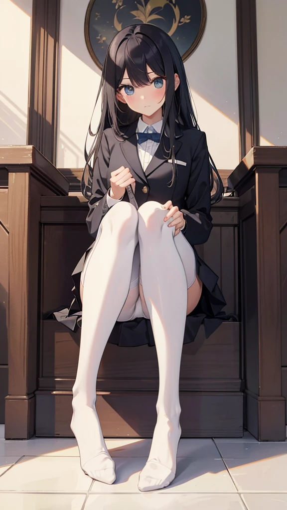 Top quality, masterpiece, High resolution, (Head to toe full body), front, frontやや下からの構図, Symmetric, Tall 18 year old girl, alone, (Head to toe), (Small breasts), bangs, (black tights), (Black Pantyhose), (Sit with your legs apart), (Crouching pose), (A composition showing white panties), (Her legs were spread、I see your white pants.), (I was made to sit on the floor with my legs spread..), (M-shaped legs), Thin legs, A very beautiful and tall 18 year old girl, (No shoes), blush, Shy big eyes, looking at the camera, Blazer Uniform, Checkered Pleated Skirt
