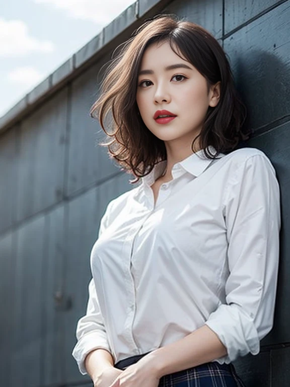 Gray background、pubic hair、Large Breasts、Thighs、Red lipstick、Curly Hair、Disheveled Hair、Cute woman、high school girl、White shirt、Checkered mile、Open chest shirt、One Woman、Gazing at the sea、Looking from below、Rooftop、Cloud、staring straight ahead