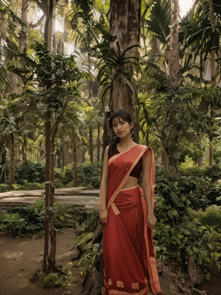 "Create a high-quality image featuring a realistic depiction of a girl wearing a pink saree draped in the Nivi style. Focus on intricate details, particularly the pleats tucked at the center of the waist, emphasizing the slimming effect. Pay special attention to crafting the girl's eyes and face, ensuring a lifelike appearance. Set the scene against a beautiful fountain background, adding a touch of elegance and serenity to the composition. Your goal is to capture the essence of the Nivi saree draping style, conveying a sense of grace and charm in this magical moment."