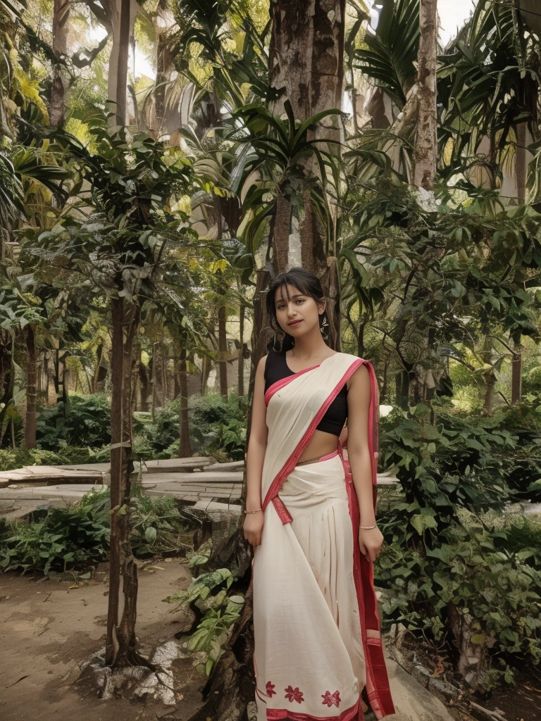 "Create a high-quality image featuring a realistic depiction of a girl wearing a pink saree draped in the Nivi style. Focus on intricate details, particularly the pleats tucked at the center of the waist, emphasizing the slimming effect. Pay special attention to crafting the girl's eyes and face, ensuring a lifelike appearance. Set the scene against a beautiful fountain background, adding a touch of elegance and serenity to the composition. Your goal is to capture the essence of the Nivi saree draping style, conveying a sense of grace and charm in this magical moment."