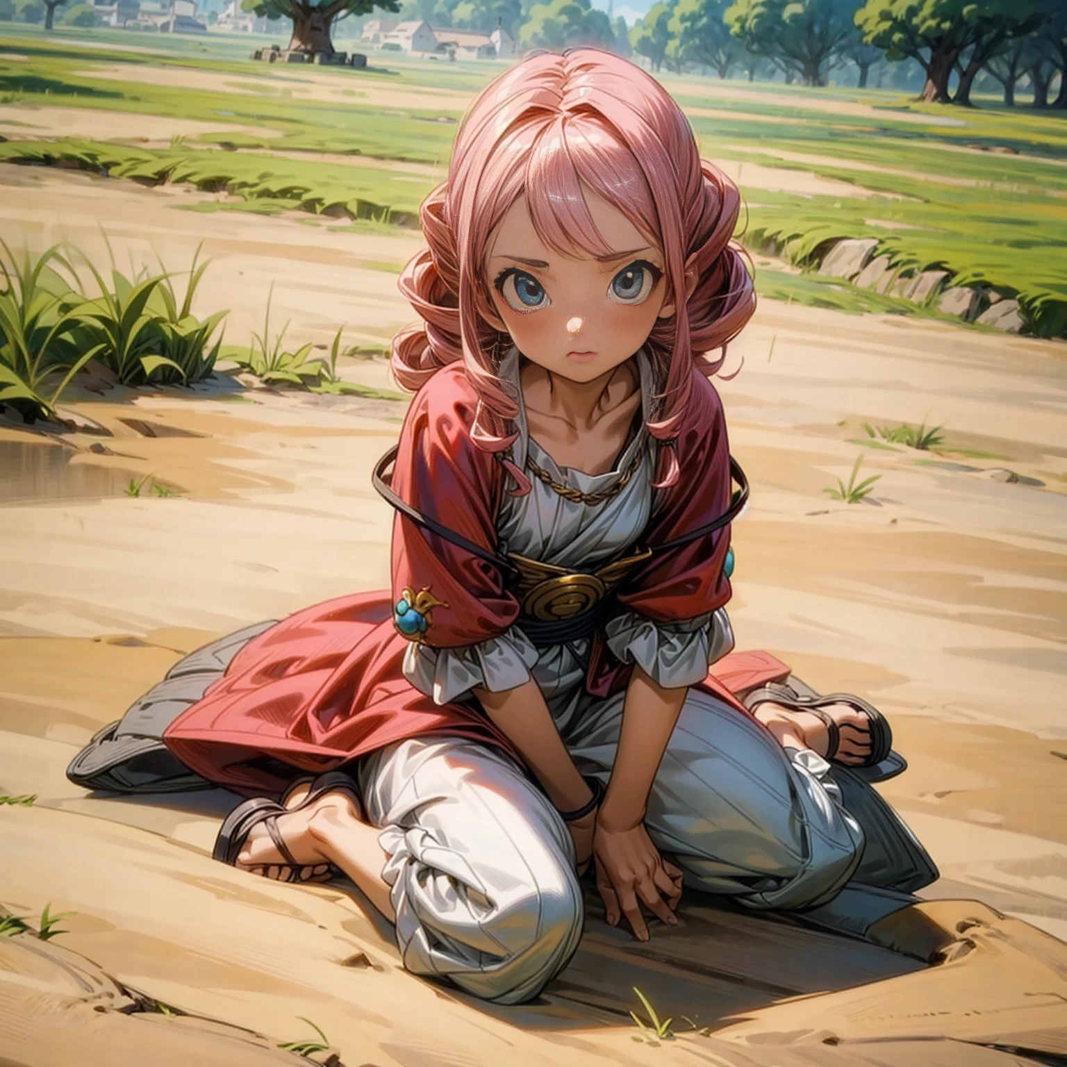 1childern girl, Full body version, 1character,  girl version, blue eyes, long Curly haircut, pink colour hair, Ancient Roman clothing, red colour clothing, sandals, Grassroots, background in field town, motion blur, (dragon ball style art)