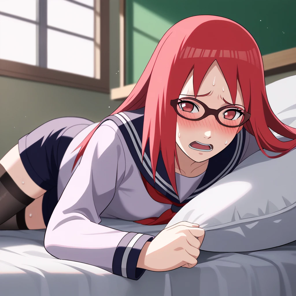 Red hair, 1 Girl, Glasses, Long hair, Red Eyes, Solitary, Sailor Suit, Black over-the-knee stockings, Black shorts, Umbilical cord, Looking at the audience，No students, Japanese cartoons screencap, Japanese cartoons coloring,src_Japanese cartoons,Naruto \(series\), Naruto shippuuden,（（blush，nervous，Vision，classroom，bookshelf，sit on the chair，））masterpiece， absurd ， （Intricate details）， （Colorful）， light， Extremely detailed CG unity 8k wallpaper ，1 Girl， solo，（shy，classroom，night，blush，nervous，Sweating，蕾丝dress， ），sweat，blush，blush1.5，Blush，Medium chest，（（dress，Black stockings，）），（dress，Lying in bed，Uncomfortable expression，Mouth open，spit）