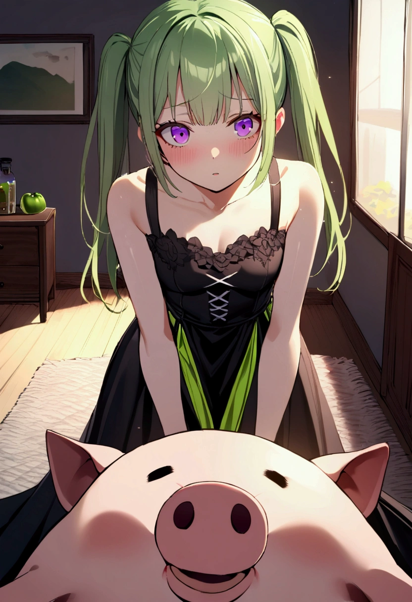 1girl with long ((lime green)) hair, two pig tails, need glasses, slender body, small breasts, Gothic dress, standing, upper POV, purple eyes, living room, fear, sit on floor