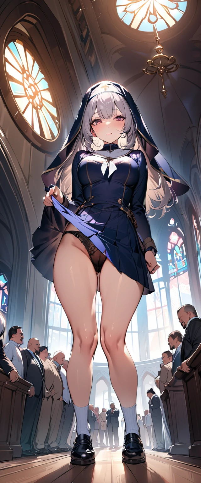 (masterpiece),(Highest quality),(Super detailed),(High resolution),(Highest quality),(An illustration),8k,One female,Beautiful Skin,Beautiful Face,,smile,front,Nun,Nunの衣装,(church),(Functional),((A ed middle-aged man peeks up her skirt from below,Stand with your legs wide apart,Showing off obscene pantiesrounded by perverted midd male followers),(Hand,detailed,perfect,perfection,hands)