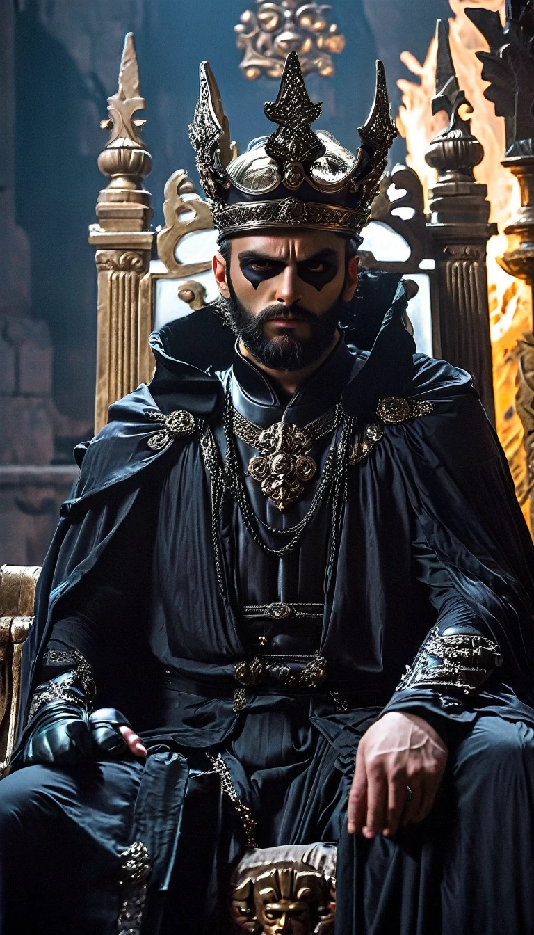 Hades, man, Somber expression
Beard
Helmet
Crown
High angle, close-up, Dark robe
Heavy boots
Ancient armor
Pale skin
Shadowy presence
Deep-set eyes,
Hades sitting on throne, underworld palace, night, dim lighting, shadows, somber expression, helmet, crown, dark robe, deep-set eyes