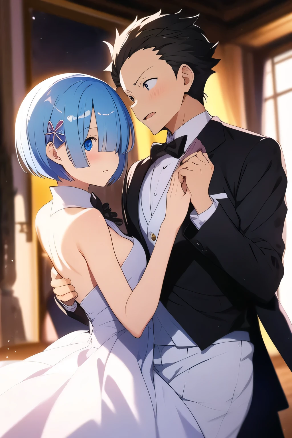 Rezero Rem and Natsuki Subaru dancing , Rem in white fancy dress and subaru with black suit as a gentleman in a fancy palace, Natsuki subaru haired up,