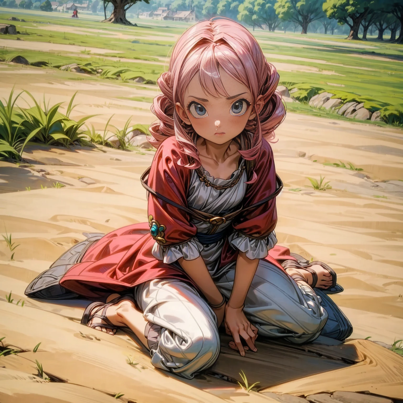 1childern girl, Full body version, 1character, children girl version, blue eyes, long Curly haircut, pink colour hair, Ancient Roman clothing, red colour clothing, sandals, Grassroots, background in field town, motion blur, (dragon ball style art)