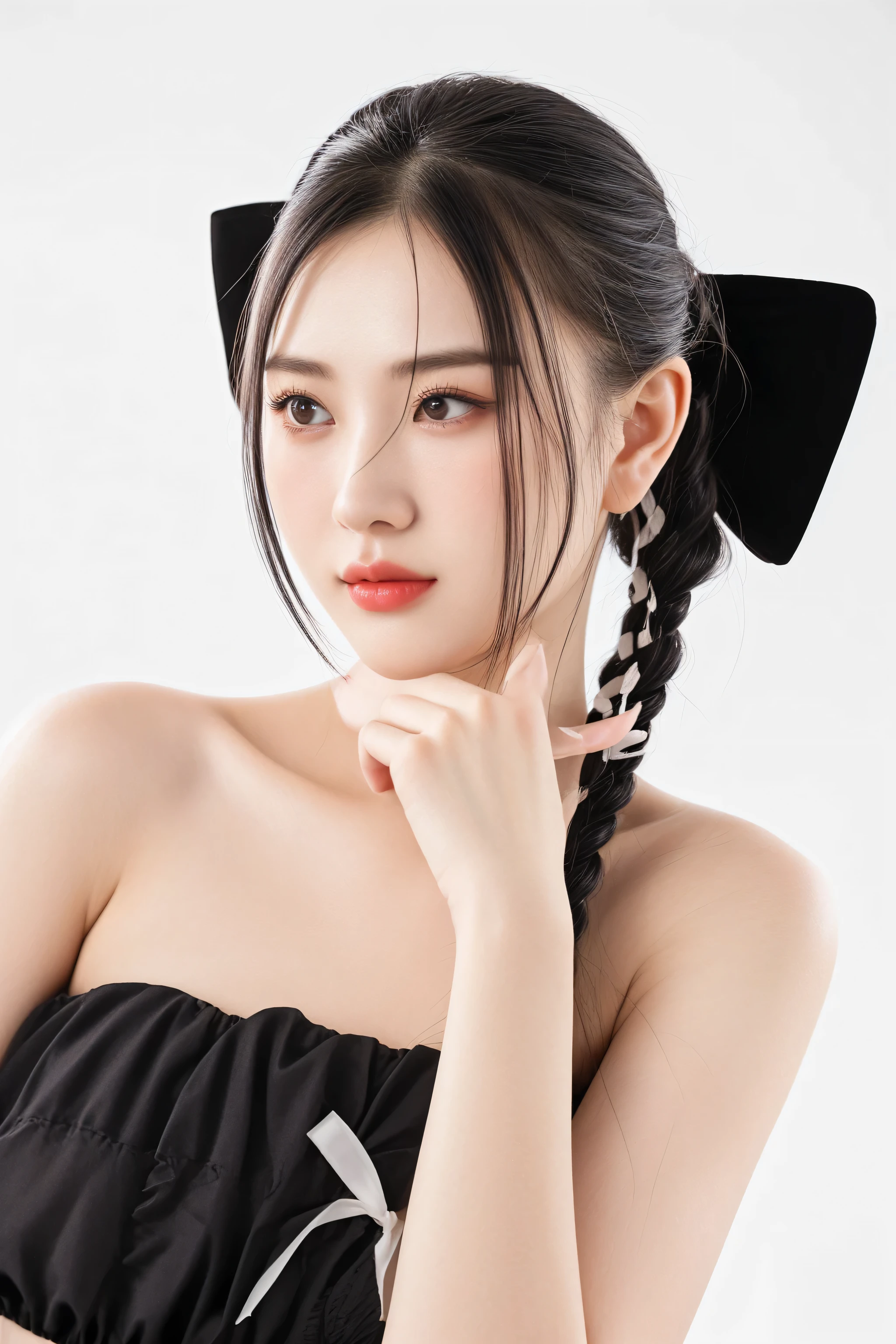 there is a woman with a black dress and a black bow, with black pigtails, pigtails hairstyle, young cute wan asian face, twintails hairstyle, gorgeous chinese model, xintong chen, asian girl with long hair, chinese girl, gorgeous young korean woman, two pigtails hairstyle, ruan jia beautiful!, inspired by Dai Xi, a young asian woman