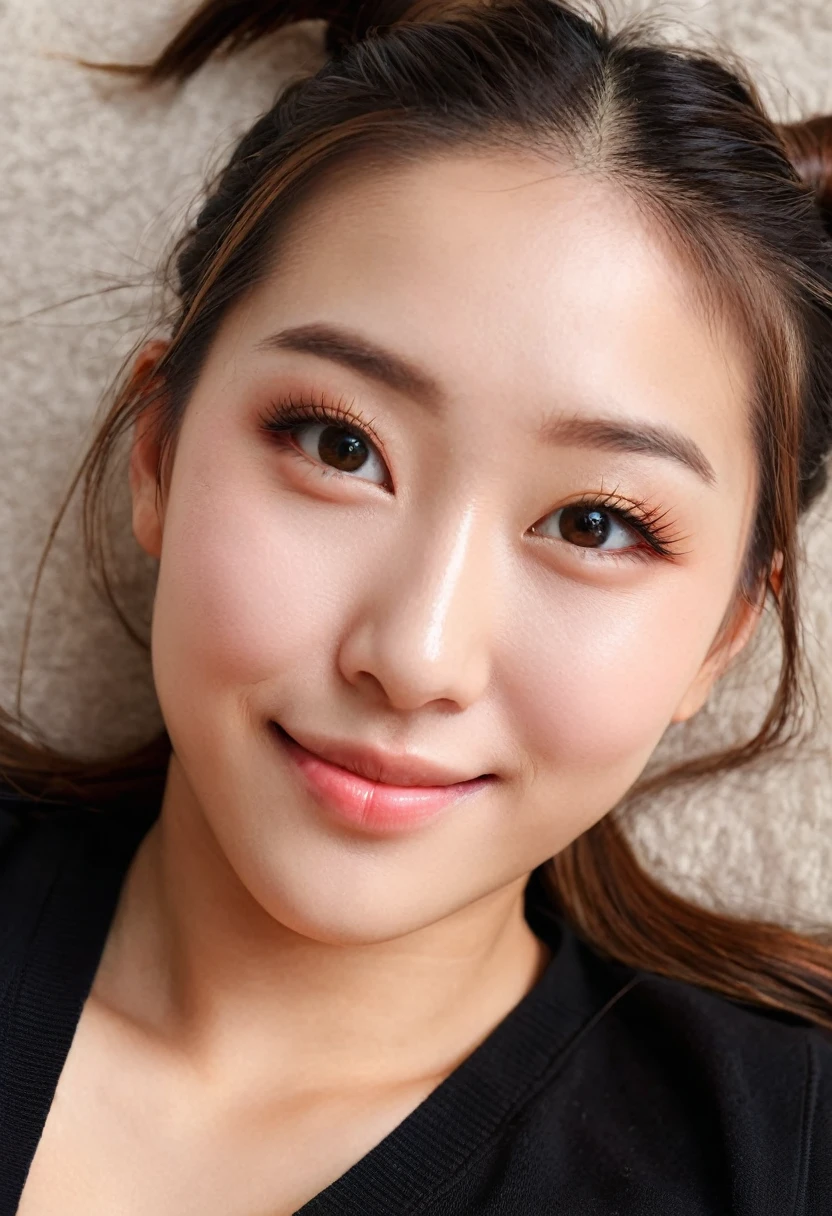 Best quality at best, 超k hd, (realisticlying:1.4),Sunset sun, pony tails, korean female, detailed photograph, Smiling, sexy for, black shirt, facing at the camera, closeup cleavage (tmasterpiece: 1.3), (8k, realisticlying, Best quality at best: 1.4), (1个Giant Breast Girl), pretty face, (Realistic face), (brunette color hair, short detailed hair: 1.3), Beautiful hairstyle, realisticing eyes, beatiful detailed eyes, (realisticing skin), Beautiful skins, (Sweaters), hoang lap, Attractive, Ultra-high resolution, hyper realisitc, k hd, the golden ratio, {{topless}}, {{Open mouth}}