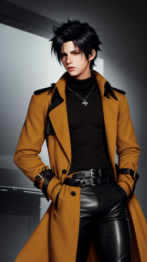 Final fantasy taste and reality graphics, Japanese young cute and cool ikemen  boy, his age is early 20s, thin eyebrows and beady eyes,  he wearing orange beige color double brest very thick trench coat, with a black color neck fur.,neck fur is black color, must black neck fur,
Must tighten your belt og coat, with epaulet, must close the front of the trench coat,, must trench coat cloth the front, also wearing black very thick turtleneck lackluster shirts,  tight black leather pants, shiny black leather tight and must put on a thin leather glove both hands, black leather knee-high raceup boots,must views  head-to-toe,must views whole body, boy looks like fashion model,Do not show skin from the neck down,leather jacket leather glove and leather pants have few wrinkles,boy in the room,,Avoid showing your innerwear,must close coats waist belt.