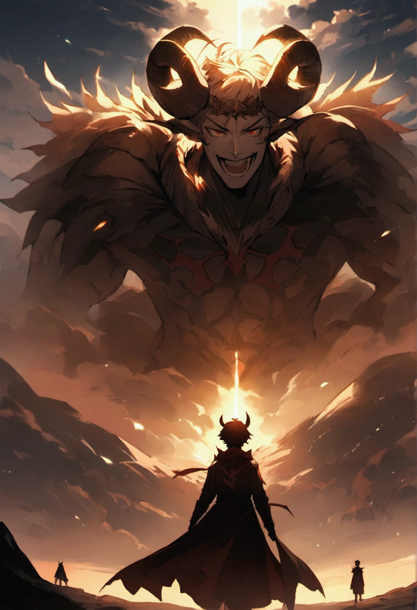 Handsome man, 2 men,Good friends、We put our faces together and laugh、 , A demon king with ram horns on his head and a human hero travel together.、 Fantasy,