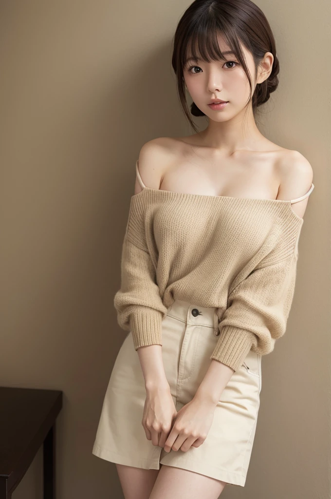 Pale-skinned Japanese . She is wearing a beige cold shoulder,
