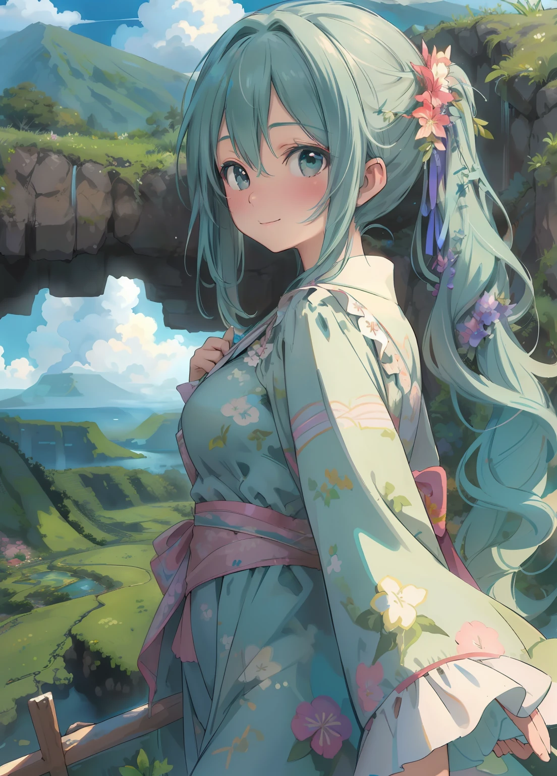(masterpiece、Highest quality、Highest quality、Official Art、Beautiful and beautiful:1.2)、(One girl:1.3)Hatsune Miku、Twin tails,Beautiful breasts,masterpiece、Ultra-detailed、Intricate details、Realistic texture、Concave and Convex of the Human Body、Realistic details、Highest quality、Surrealist works、Women are detailed and realistic、The cutting edge of graphic art、On Kauai there are women who perform traditional dances.。She wears a floral garland and a robe of grass.、He has a bouquet in his hand。Her face looked bright and happy..、The dance movements are graceful and beautiful.。She dances as if celebrating the nature and culture of Kauai.。 Graphic art background、You can see Mount Waialeale。The summit is covered in thick clouds.、There is a mysterious atmosphere。The mountainside features lush vegetation and waterfalls.。Pure、There is a rainbow in the sky.、Other names for Kauai「Garden Island」It represents the abundance of nature。