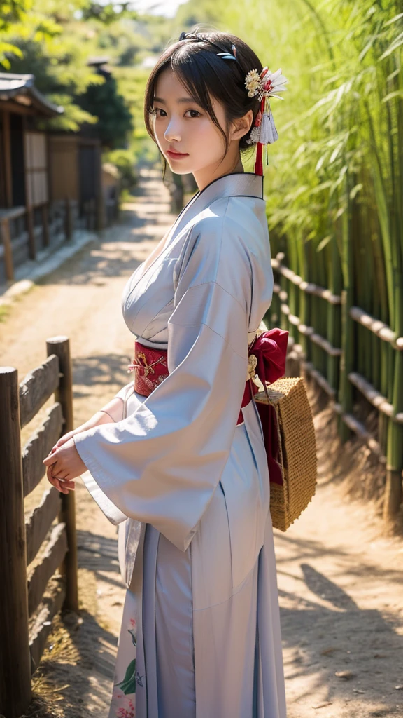 a beautiful japanese girl, wearing a kimono and simple headdress, on a dirt road flanked by high fences made of stone and bamboo like villages in Japan, sunlight exposure, warm lighting, intricate details, extremely detailed, best quality, Ultra HD, 4k, 8k, masterpiece, medium breast