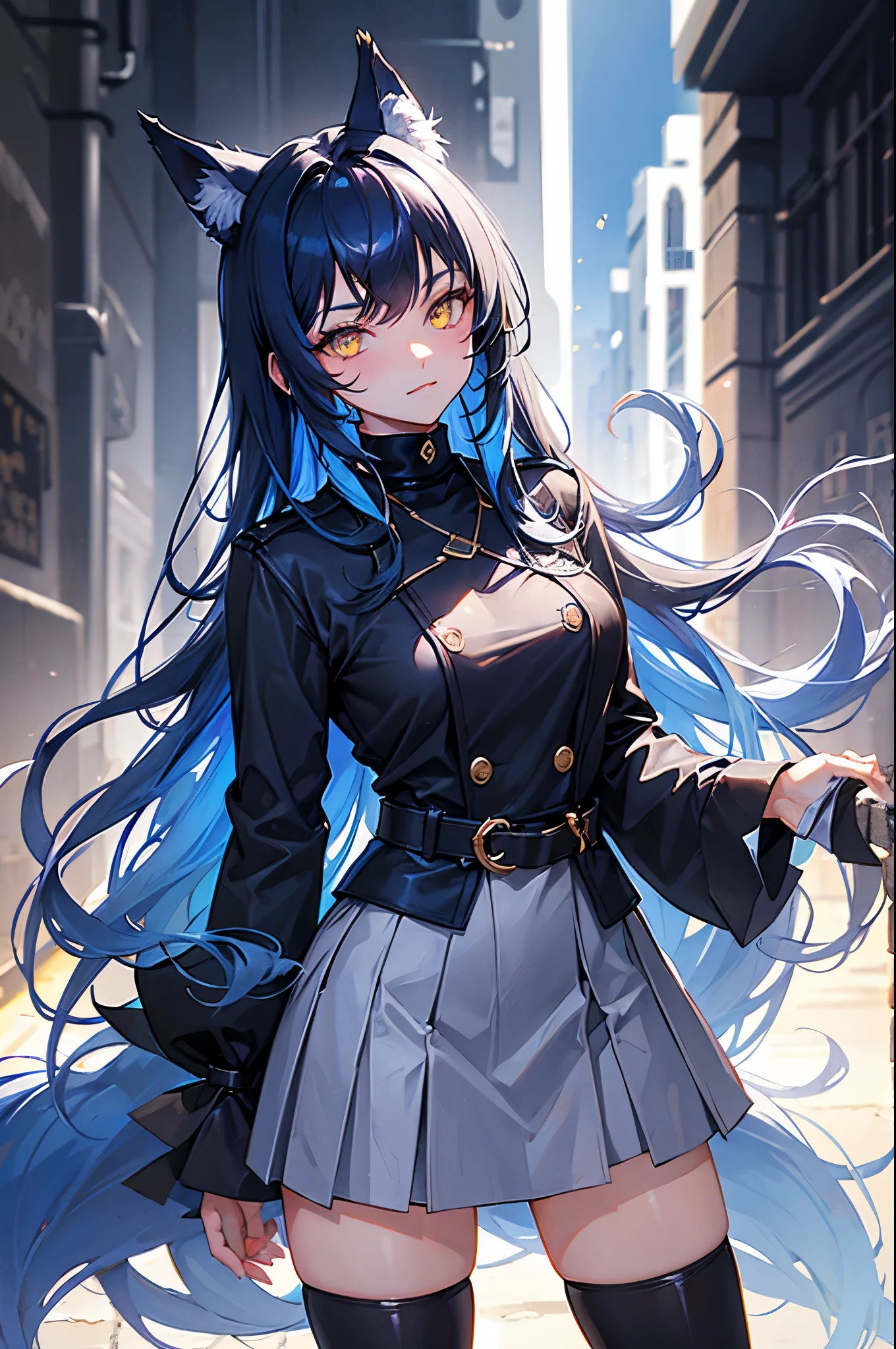 A wolf with dark blue hair, yellow eyes, long hair, and straight hair.
