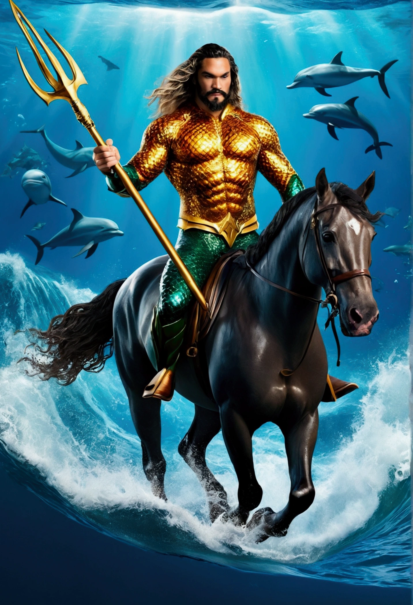 Stable Broadcast Alert (Portuguese): (work of art) top-quality, incredibly beautiful art, (Aquaman) similar to an Arabian-god, Cao Cao, stark, tribal tattoos, aquatic quality, deep ocean, royal blue, riding a dolphin, no glass nose, and smoothest helmet possible, crystal clear water, high, textured waves, Aquatic currents, radiant sun.