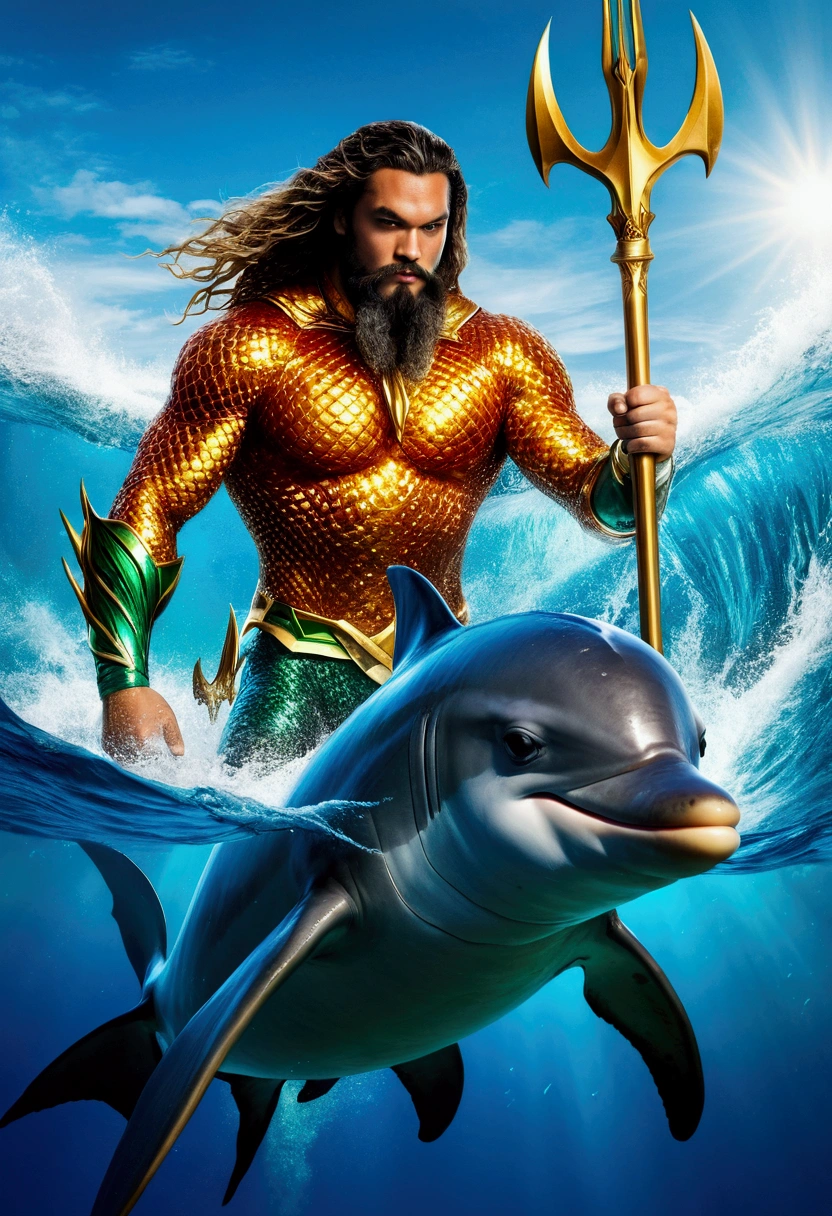 Stable Broadcast Alert (Portuguese): (work of art) top-quality, incredibly beautiful art, (Aquaman) similar to an Arabian-god, Cao Cao, stark, tribal tattoos, aquatic quality, deep ocean, royal blue, riding a dolphin, no glass nose, and smoothest helmet possible, crystal clear water, high, textured waves, Aquatic currents, radiant sun.