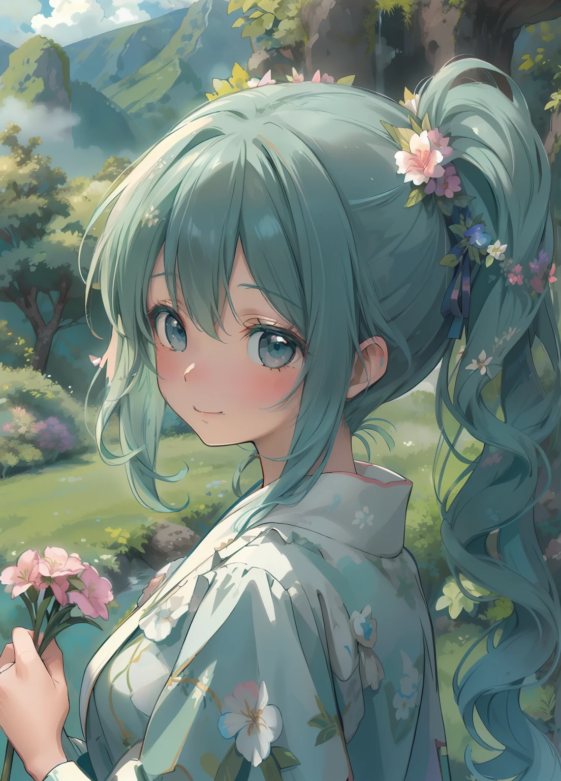 (masterpiece、Highest quality、Highest quality、Official Art、Beautiful and beautiful:1.2)、(One girl:1.3)Hatsune Miku、Twin tails,Beautiful breasts,masterpiece、Ultra-detailed、Intricate details、Realistic texture、Concave and Convex of the Human Body、Realistic details、Highest quality、Surrealist works、Women are detailed and realistic、The cutting edge of graphic art、On Kauai there are women who perform traditional dances.。She wears a floral garland and a robe of grass.、He has a bouquet in his hand。Her face looked bright and happy..、The dance movements are graceful and beautiful.。She dances as if celebrating the nature and culture of Kauai.。 Graphic art background、You can see Mount Waialeale。The summit is covered in thick clouds.、There is a mysterious atmosphere。The mountainside features lush vegetation and waterfalls.。Pure、There is a rainbow in the sky.、Other names for Kauai「Garden Island」It represents the abundance of nature。