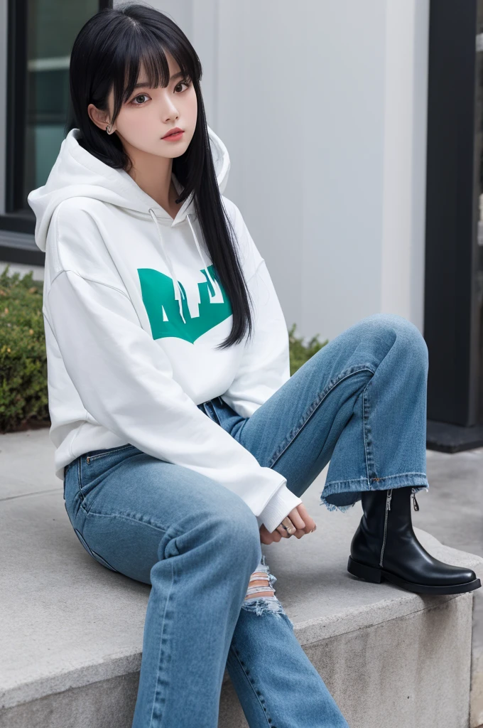 Neutral women Long Black Hair With bangs White shirt Blue jeans Black boots Dark green hoodie