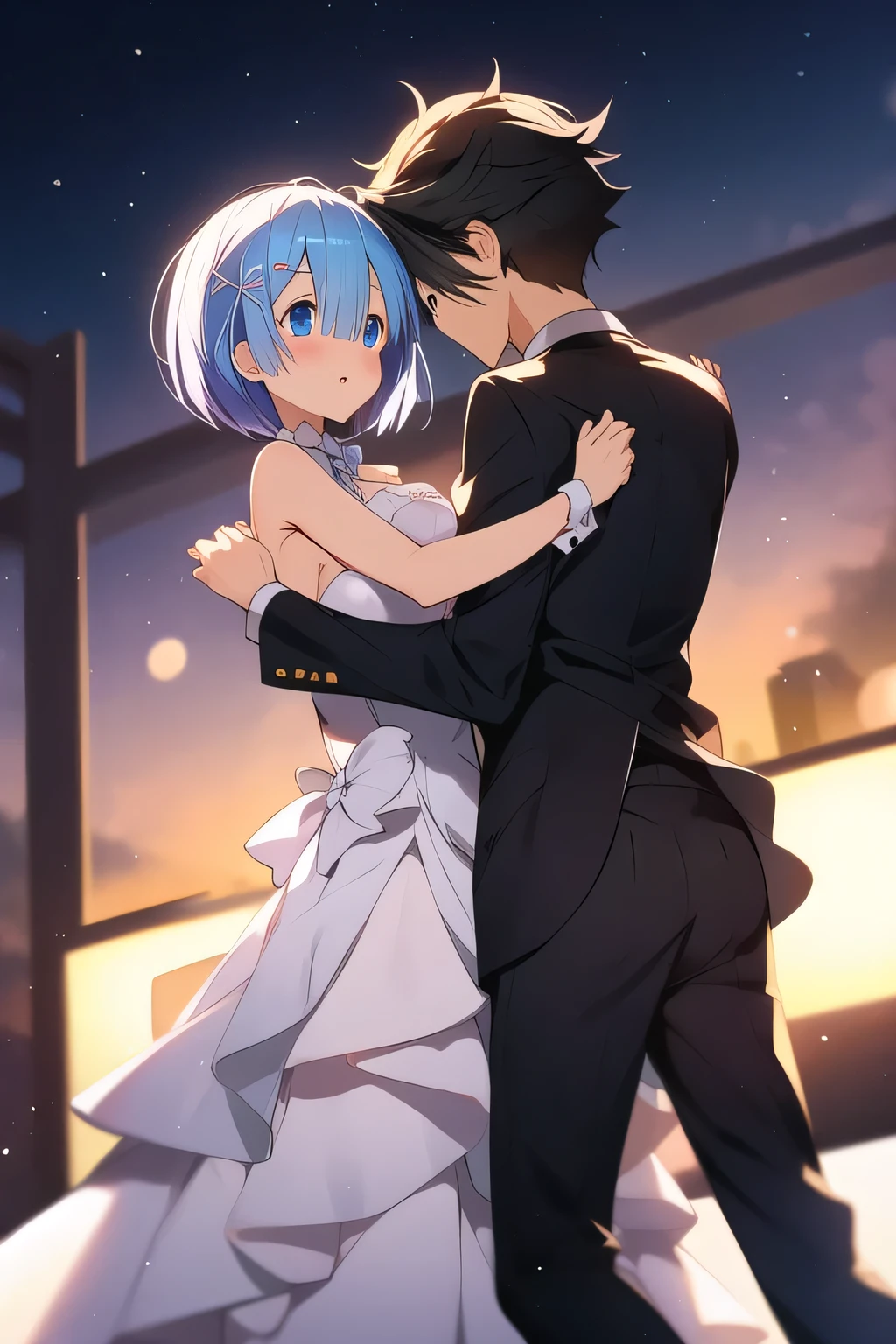 Rezero Rem and Natsuki Subaru dancing , Rem in white fancy dress and subaru with black suit as a gentleman in a fancy palace, Natsuki subaru haired up,
