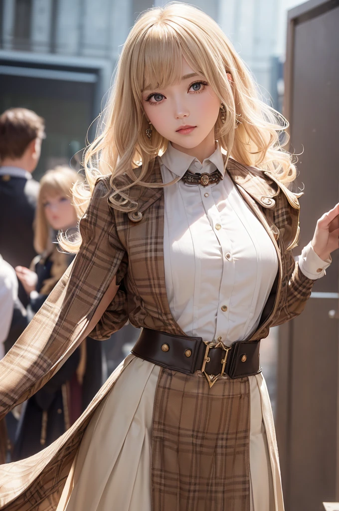 Woman portrait、Highest quality、Rear view、8k, clear, Fine skin、Clear, beautiful eyes、Cleavage、The beauty of a smile,Curly Hair、My hair was messed up by the wind、(Glamorous Muscle、tall),(Hip_superior, Hip superior), Beauty,( Watching the audience),Realistic, High resolution, Soft Light,1 female, One person,blonde hair,short hair,bangs,Fine Skin, Naughty look,, ((バーバリーチェックのスチームパンクのlong maxi-skirt)),Steampunk style girl、Costumes decorated with lots of gear and watches,(White, brown, beige, red and dark brown checkered stripes,Sailor-style armor with Burberry check collar,ta fashion)、Beautiful Steampunk Guild Staff Costume Banker Uniform,(White, brown, beige, red and dark brown checked steampunk jacket, High-tech Mecha,jeweled scarf,long maxi-skirt,wrist cuffs),((arms behind back)),(bokeh),(studio lighting)