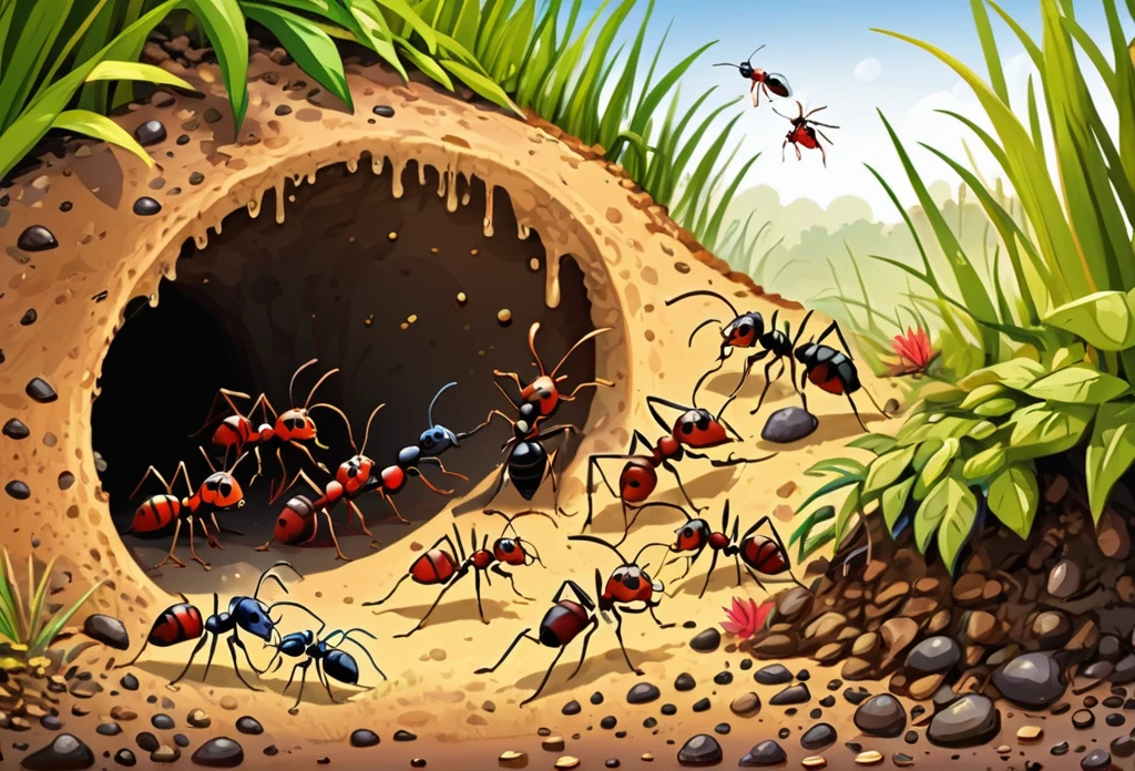 Illustrations of ant hill, with different ants inside carring out different tasks different tasks, underground, masterpiece best quality:1.2) delicate illustration ultra-detailed, illustrations, bright, colourful, 