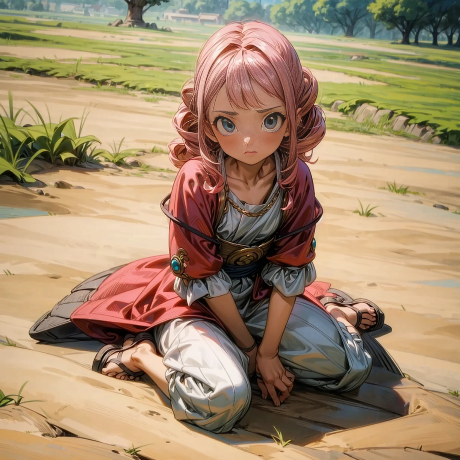 1childern girl, Full body version, 1character, children girl version, blue eyes, long Curly haircut, pink colour hair, Ancient Roman clothing, red colour clothing, sandals, Grassroots, background in field town, motion blur, (dragon ball style art)