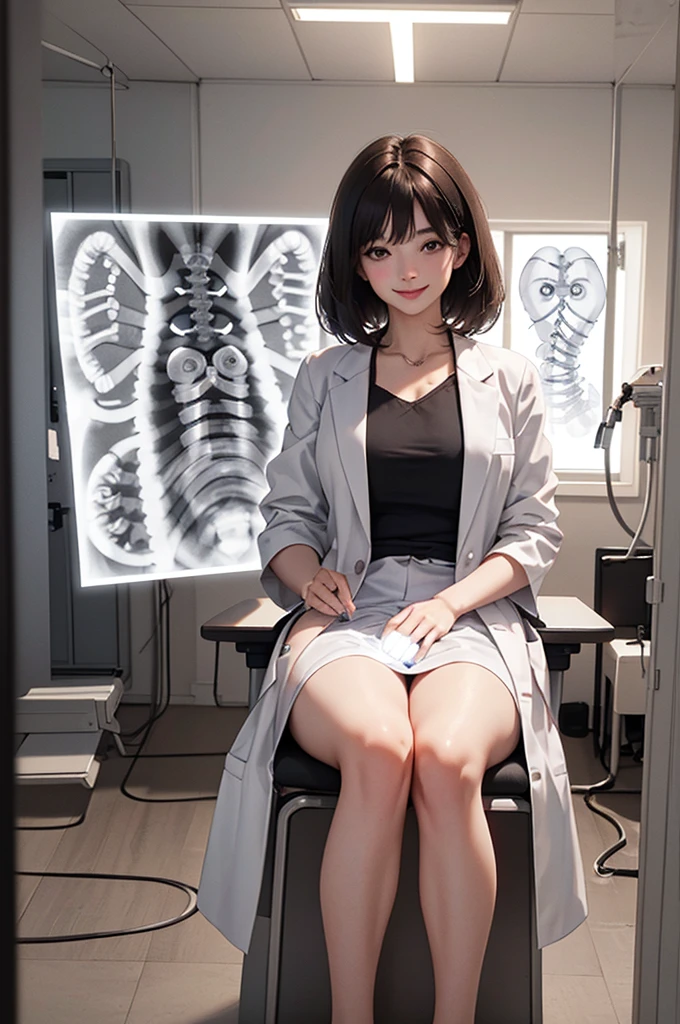 Doctor, 1 woman, solo, sitting (Looking at the audience), (white lab coat), Stylish clothes mature woman /(dark brown hair/) Bangs, smiling kindly (The best quality masterpiece:1.2)
, Delicate illustrations, Special details, (hospital examination room) In the building, desk (X-ray picture of lungs:1.5) Detailed background