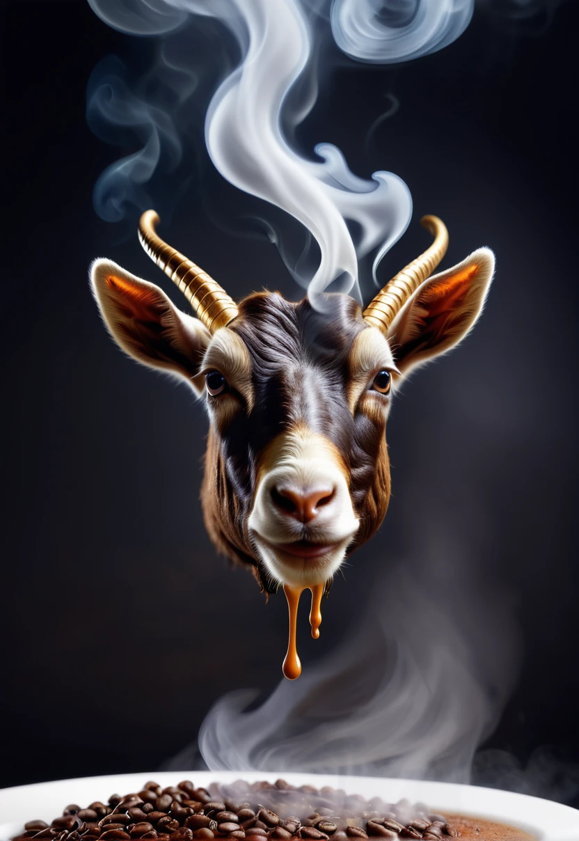 Macro Realism, Coffee Steak With smoke in the shape of a goat, high definition, 3D, background goat,