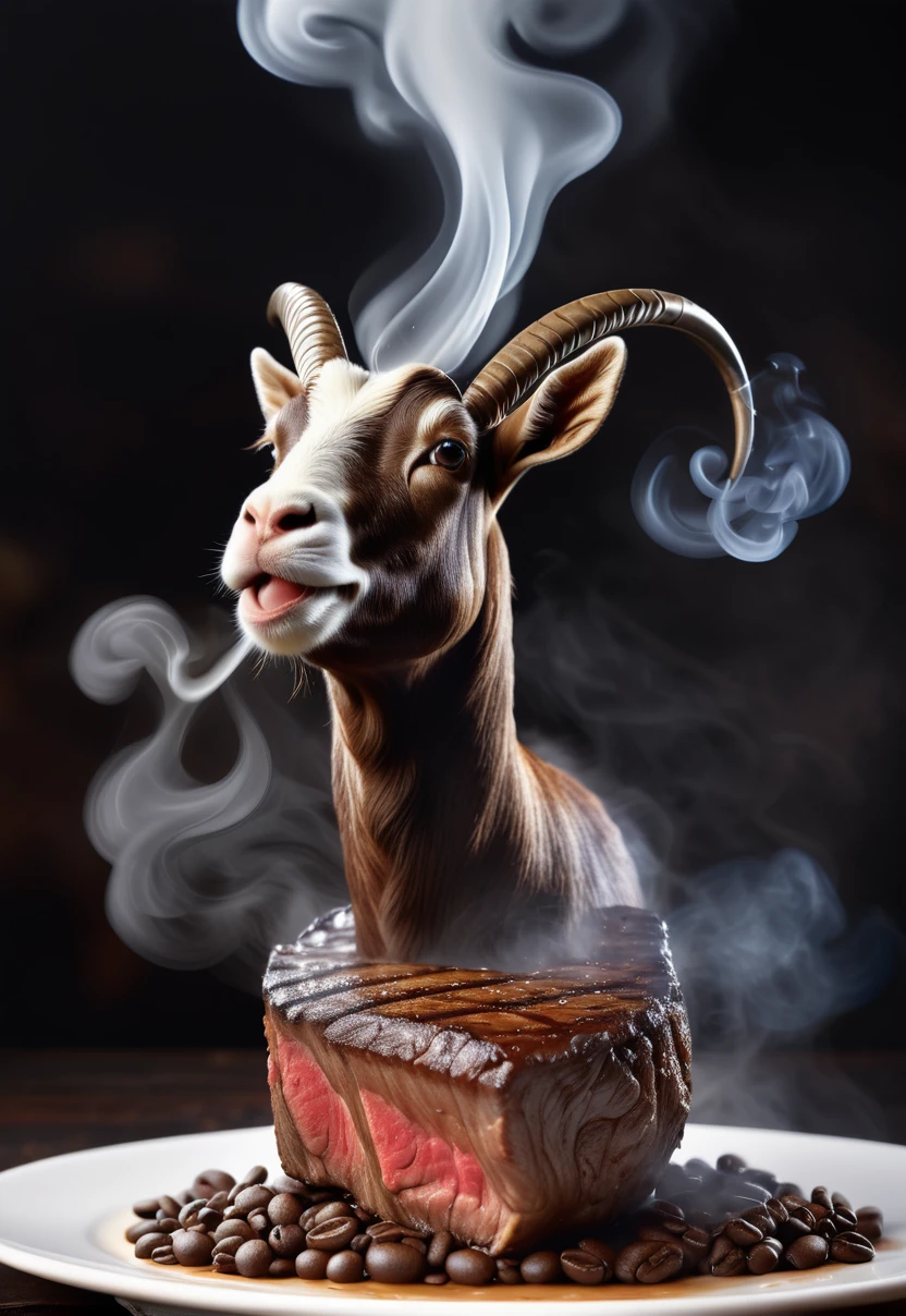 Macro Realism, Coffee Steak With smoke in the shape of a goat, high definition, 3D, background goat, 