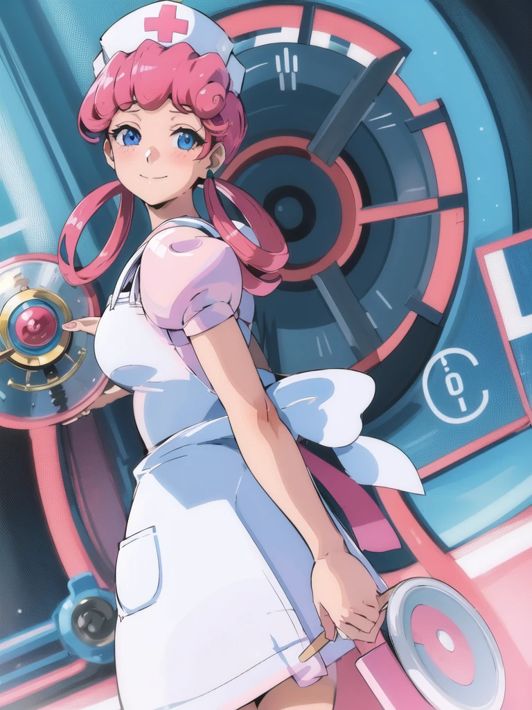 (masterpiece, best quality:1.2), nurse joy, pokemon, blue eyes, closed mouth, long hair, pink hair, short sleeves, nurse, blush, holding, puffy short sleeves, large breasts, puffy sleeves, nurse cap, 1girl, looking at viewer, smile, solo, hat, dress, apron, hair rings, clipboard