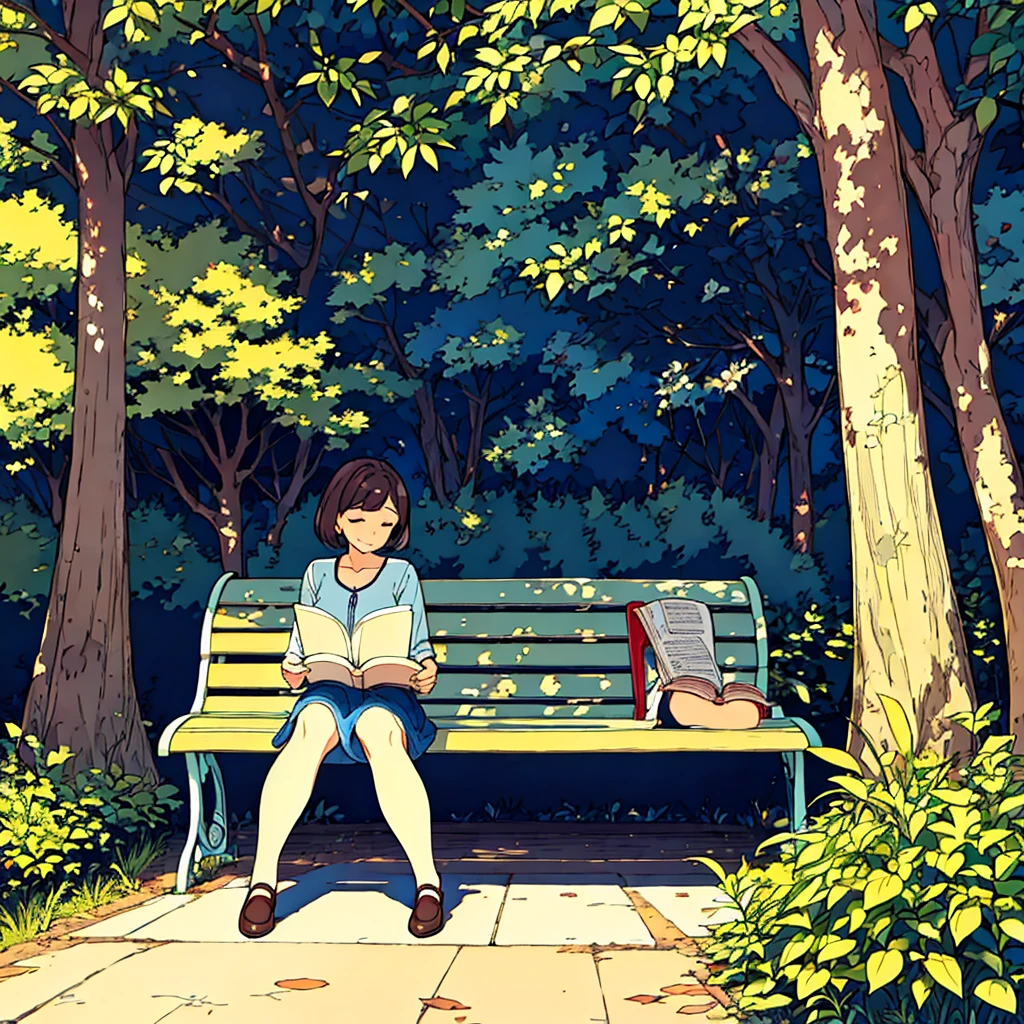 Summer A woman is sitting on a bench Sunlight through the trees Simple Nostalgic Reading a book