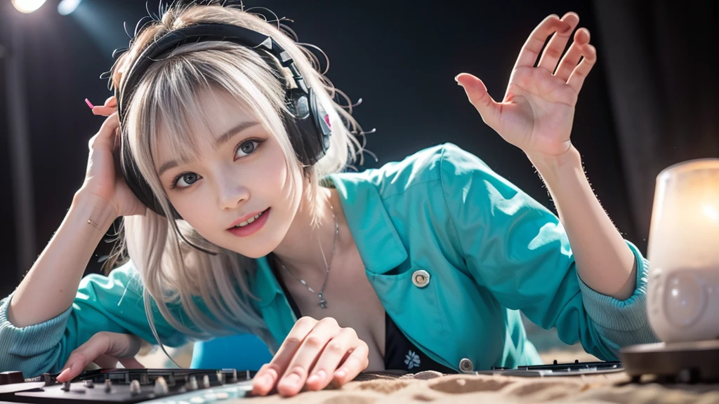 (ultra - detailed, 16K resolution, Cinema lenses, rendering by octane), (high resolution:1.18), intricate detail, (masterpiece:1.1), (highest quality:1.1), (1girl, portrait, white hair, blue eyes, short hair, detailed eyes),Wearing silver DJ headphones, sequined T-shirt, (in the beach:1.5), (Iconic hip-hop pop costumes:1.3), Smile while DJing on stage, DJ studio next to the beach, ((A stylish DJ stage on a hill overlooking the beach)), full body shot, Photorealistic photography by Sunshine, (cute round face:1.3), perfect fingers, five fingers, beautiful hands, perfect hands. master peace, cute smile, Fixhand.