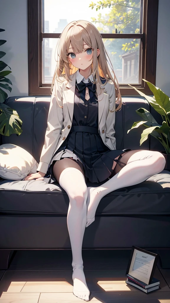 Top quality, masterpiece, High resolution, (Head to toe full body), front, frontやや下からの構図, Symmetric, Tall 18 year old girl, alone, (Head to toe), (Small breasts), bangs, (black tights), (Black Pantyhose), (Sit with your legs apart), (Crouching pose), (A composition showing white panties), (Her legs were spread、I see your white pants.), (I was made to sit on the floor with my legs spread..), (M-shaped legs), Thin legs, A very beautiful and tall 18 year old girl, (No shoes), blush, Shy big eyes, looking at the camera, Blazer Uniform, Checkered Pleated Skirt