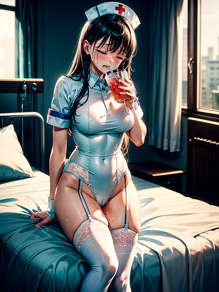 Highest Resolution,8K quality,A beautiful girl in a white nurse uniform leotard crying,High leg,Knee-high stockings,garter belt,Dripping saliva,Tears,sweat profusely,hospital,front,whole body,(((Drink))),darkroom,Bedroom,