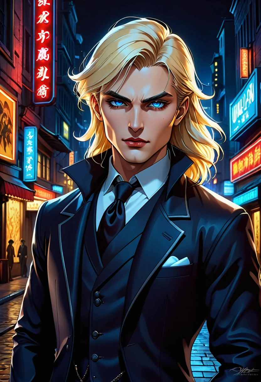 An elegant man with an athletic physique. His blonde hair is perfectly styled and combed back. He has sharp, aristocratic facial features and piercing blue eyes. His immaculate suit is tailor-made, mostly in dark colors like black or navy blue, and he wears an expensive watch and polished leather shoes. His demeanor is confident and controlled. backdrop: World of Darkness, dark urban fantasy, natta, City, City, neon lights, nattaleben, Vampire.. backdrop: World of Darkness, dark urban fantasy, natta, City, City, neon lights, nattaleben, Vampire. highest quality, muito detalhado, This character embodies a finely crafted western ranger in fantasy realism style in anime style, exquisite and mature manga art style, porcelain skin, perfect skin, perfect eyes, High Resolution, best quality, highres, Ultra-detail, Finest painting, extremely sensitive, Specialist, anatomically correct, symmetrical face, extremely detailed eyes and face, High quality eyes, creativity, RAW-Foto, uhd, 32k, natural light, cinematic lighting, ​masterpiece-anatomy-perfect, ​masterpiece:1.5
