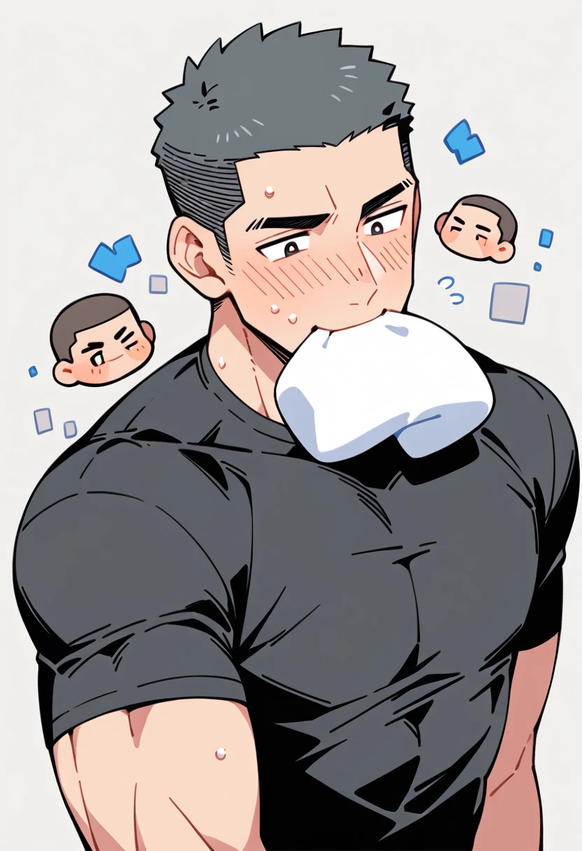 anime characters:Priapus, Muscle Sports Student, Buzz Cut, Manliness, male focus, Dark black tight T-shirt, Very tight, Sweat soaks clothes, full and perky chest muscles, muscular male, muscular, only, Upper body, alone, Black short hair, Thick eyebrows, stubble, Brown-red pupils, White background, simple background, amazing quality, best aesthetics, Ridiculous, crew cut, blush, mouth hold, Biting a white cotton towel in the mouth, embarrassed, shy, endured face, negative space, best quality