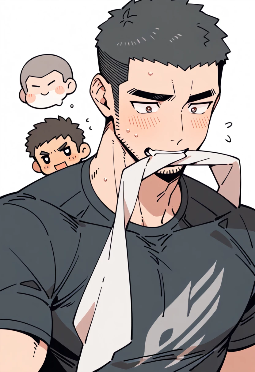 anime characters:Priapus, Muscle Sports Student, Buzz Cut, Manliness, male focus, Dark black tight T-shirt, Very tight, Sweat soaks clothes, full and perky chest muscles, muscular male, muscular, only, Upper body, alone, Black short hair, Thick eyebrows, stubble, Brown-red pupils, White background, simple background, amazing quality, best aesthetics, Ridiculous, crew cut, blush, mouth hold, Biting a white cotton towel in the mouth, embarrassed, shy, endured face, negative space, best quality