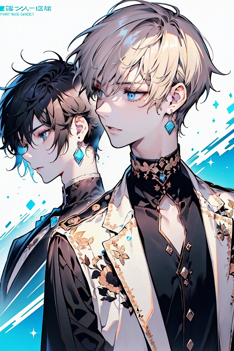 ((UHD, masterpiece, super detail, best quality, highres, 8k)), (detailed line art), perfect face, perfect body, perfect hands, perfect feet,Humans, around 20 years old, (2 males: 2.0), (twin males: 1.0), standing side by side, male idols, (simple background, magazine cover style), (facing forward)
Features of the first person
gentle atmosphere, (light brown hair close to gold, short hair upturned eyebrows, droopy eyes, light blue eyes, thin lips), (white top, dress shirt, shirt with exposed collarbone, no jacket, fluffy shirt, ribbon decoration, white pants, high-waisted pants, white belt, white shoes), (ribbon choker, white choker), (angelic atmosphere: 0.5), (facing forward)
Features of the second person
cool atmosphere, (black hair, short hair upturned eyebrows, upturned eyes, light blue eyes, thin lips), (black top, high-neck shirt, short jacket, neat jacket, belt decoration, black pants, black belt, black shoes, black earrings), (devilish atmosphere: 0.5), (facing forward)