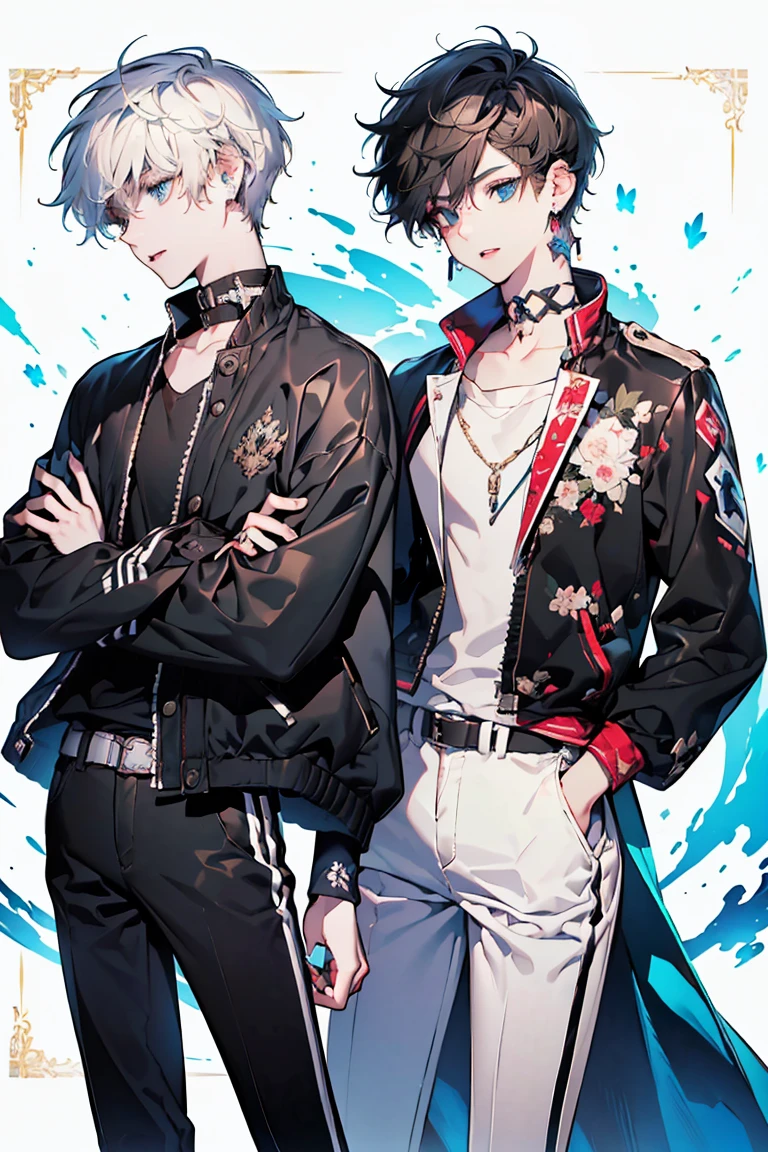((UHD, masterpiece, super detail, best quality, highres, 8k)), (detailed line art), perfect face, perfect body, perfect hands, perfect feet,Humans, around 20 years old, (2 males: 2.0), (twin males: 1.0), standing side by side, male idols, (simple background, magazine cover style), (facing forward)
Features of the first person
gentle atmosphere, (light brown hair close to gold, short hair upturned eyebrows, droopy eyes, light blue eyes, thin lips), (white top, dress shirt, shirt with exposed collarbone, no jacket, fluffy shirt, ribbon decoration, white pants, high-waisted pants, white belt, white shoes), (ribbon choker, white choker), (angelic atmosphere: 0.5), (facing forward)
Features of the second person
cool atmosphere, (black hair, short hair upturned eyebrows, upturned eyes, light blue eyes, thin lips), (black top, high-neck shirt, short jacket, neat jacket, belt decoration, black pants, black belt, black shoes, black earrings), (devilish atmosphere: 0.5), (facing forward)