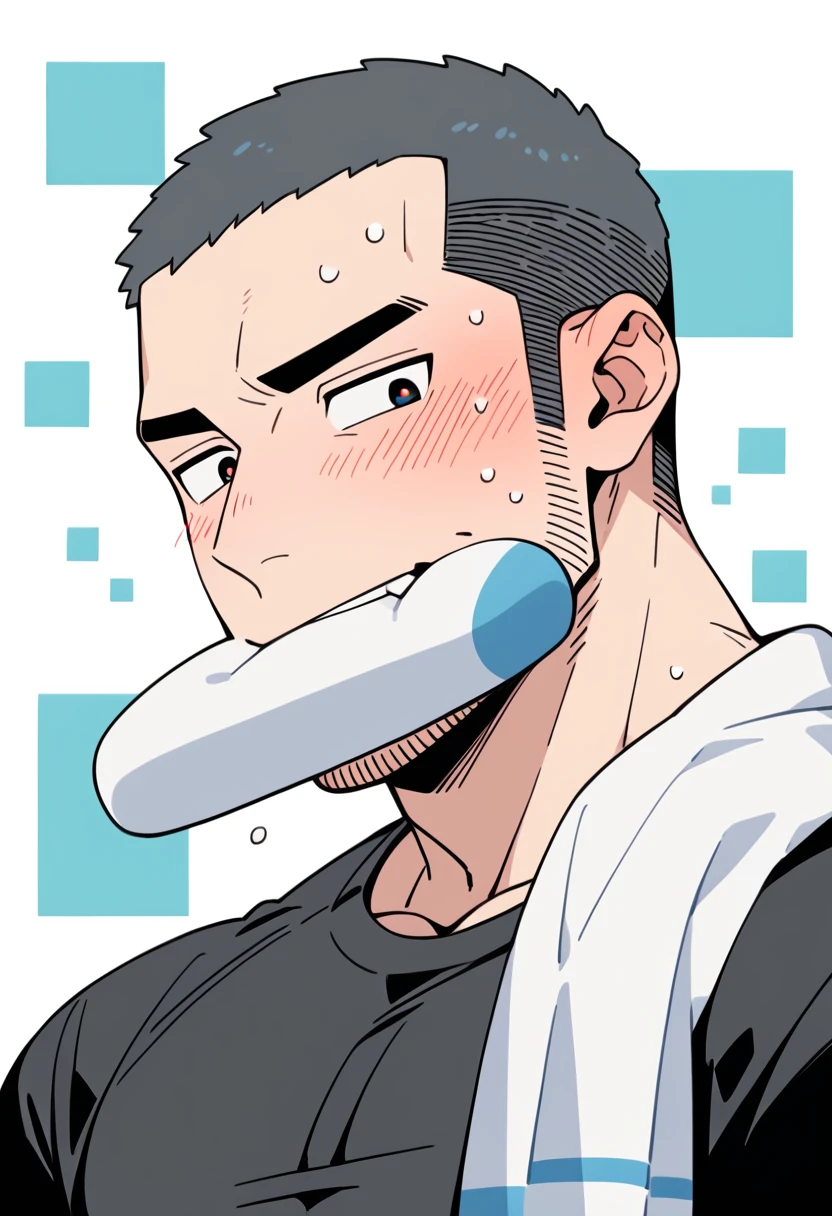 anime characters：Priapus, Muscle Sports Student, Buzz Cut, Manliness, male focus, Dark black tight T-shirt, Very tight, Sweat soaks clothes, full and perky chest muscles, muscular male, muscular, only, Upper body, alone, Black short hair, Thick eyebrows, stubble, Brown-red pupils, White background, simple background, amazing quality, best aesthetics, Ridiculous, crew cut, blush, mouth hold, Biting a white cotton towel in the mouth, embarrassed, shy, endured face, negative space, best quality