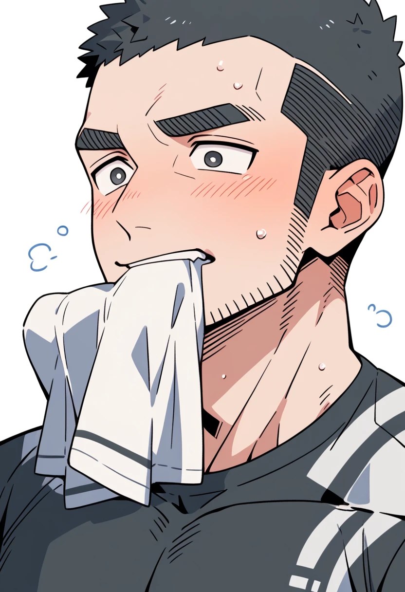 anime characters：Priapus, Muscle Sports Student, Buzz Cut, Manliness, male focus, Dark black tight T-shirt, Very tight, Sweat soaks clothes, full and perky chest muscles, muscular male, muscular, only, Upper body, alone, Black short hair, Thick eyebrows, stubble, Brown-red pupils, White background, simple background, amazing quality, best aesthetics, Ridiculous, crew cut, blush, mouth hold, Biting a white cotton towel in the mouth, embarrassed, shy, endured face, negative space, best quality