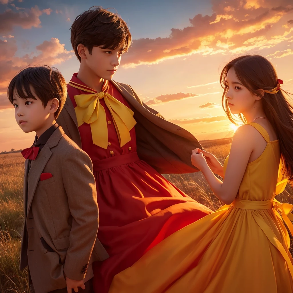 Fan art; One girl, One boy, dress, Outdoor, Red Sky, Yellow ribbon,, Super detailed