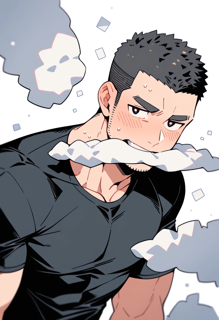 anime characters:Priapus, Muscle Sports Student, Buzz Cut, Manliness, male focus, Dark black tight T-shirt, Very tight, Sweat soaks clothes, full and perky chest muscles, muscular male, muscular, only, Upper body, alone, Black short hair, Thick eyebrows, stubble, Brown-red pupils, White background, simple background, amazing quality, best aesthetics, Ridiculous, crew cut, blush, mouth hold, Biting a white cotton towel in the mouth, embarrassed, shy, endured face, negative space, best quality