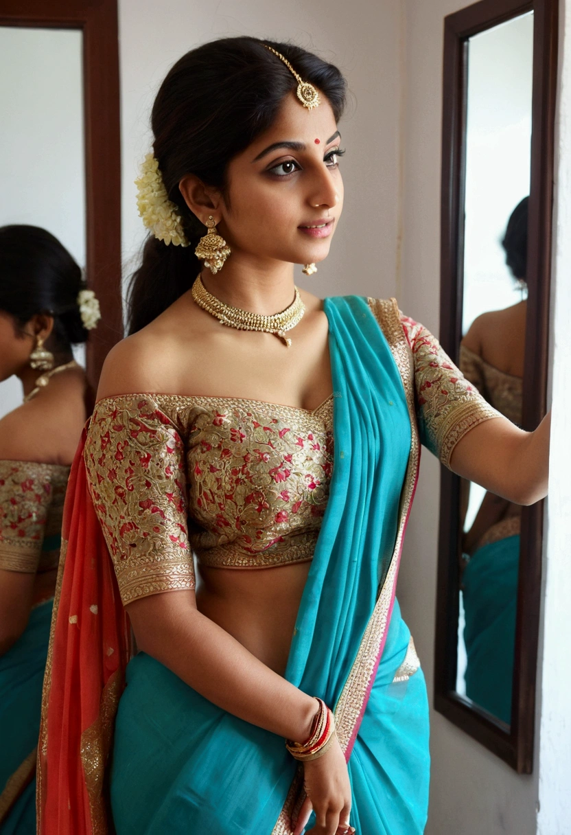 (realistic, perfect, photograph), Beautiful indian girl,wearing thin saree, off shoulder blouse , clicking mirror selfie , saree above ankle height pulled with another hand
