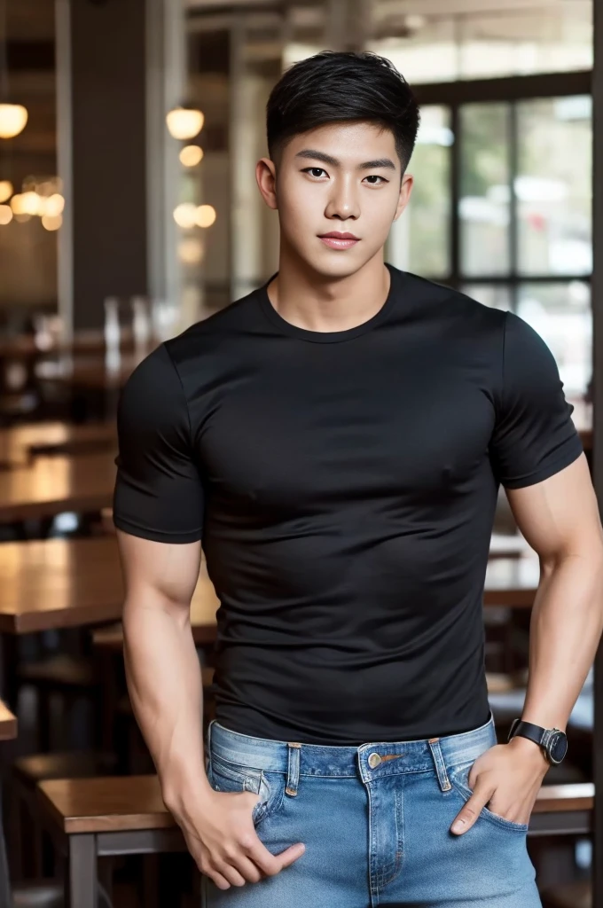 ((realistic daylight)) , Young Korean man in black sports shirt only, no pattern, denim shirt, jeans., A handsome, muscular young Asian man looks at the camera. , in the restaurant ,turn sideways