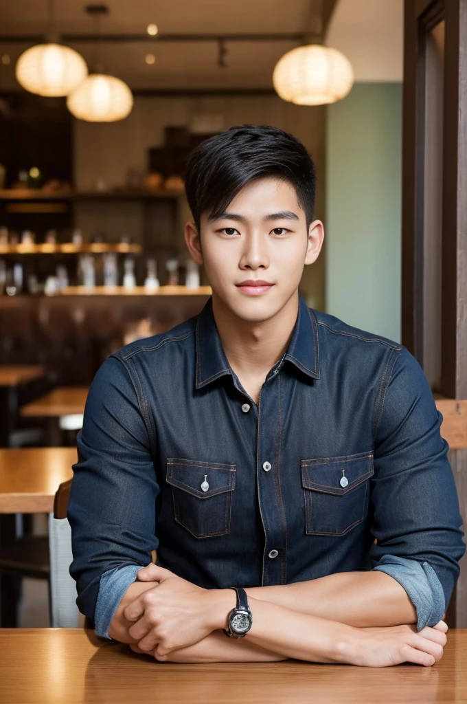 ((realistic daylight)) , Young Korean man in black sports shirt only, no pattern, denim shirt, jeans., A handsome, muscular young Asian man looks at the camera. , in the restaurant ,turn sideways
