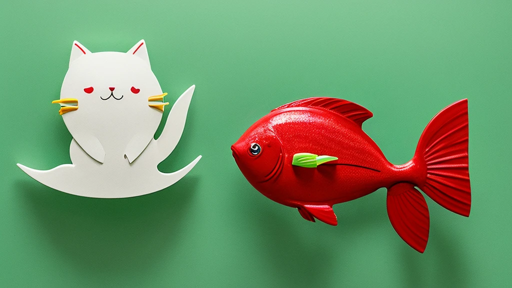 The image showcases a whimsical sculptural artwork. The composition features a ceramic depiction of a cat, playfully riding atop a red-green fish. The art style leans towards the whimsical and cartoonish, with smooth surfaces and vibrant, somewhat pastel colors. The cat, painted in white with yellow and pink accents, has an adorably mischievous expression, holding onto the fish. The fish's simplistic design includes minimal detailing with an overall red-green color and yellow accents at its fins and tail. Both the cat and the fish rest on a neutral, textured gray background, which does not distract from the playful centerpiece.